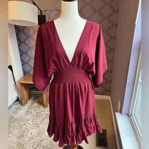 Romantic Burgundy Flowy V Neck Dress